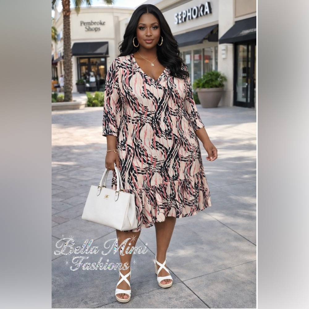 New Dimensions  Pink and Black Patterned midi dress 🌸🌸🌸 3X  BG 04